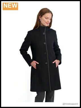 Women's Slim Fit Wool Blend Walker Coat with PU Trim, Button Front, Mid-Length